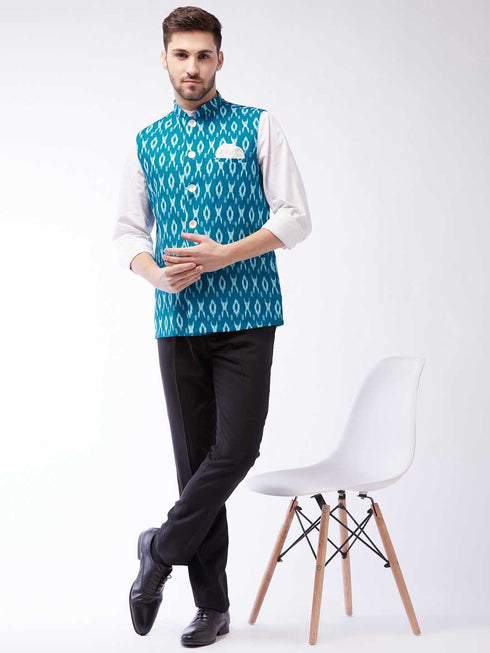 Vastramay Men's Turquoise Cotton Nehru Jacket